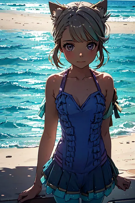 girl in summer clothes on a beach under the shade
