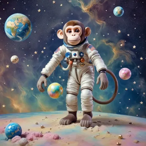 replicate last two images, anime, drawing of a monkey astronaut floating in space, in a vintage space suit with a serene express...