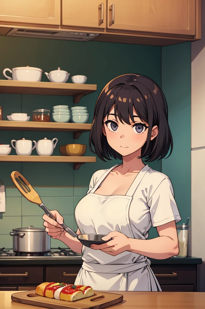 Woman in kitchen, looking at camera while cooking fancy food