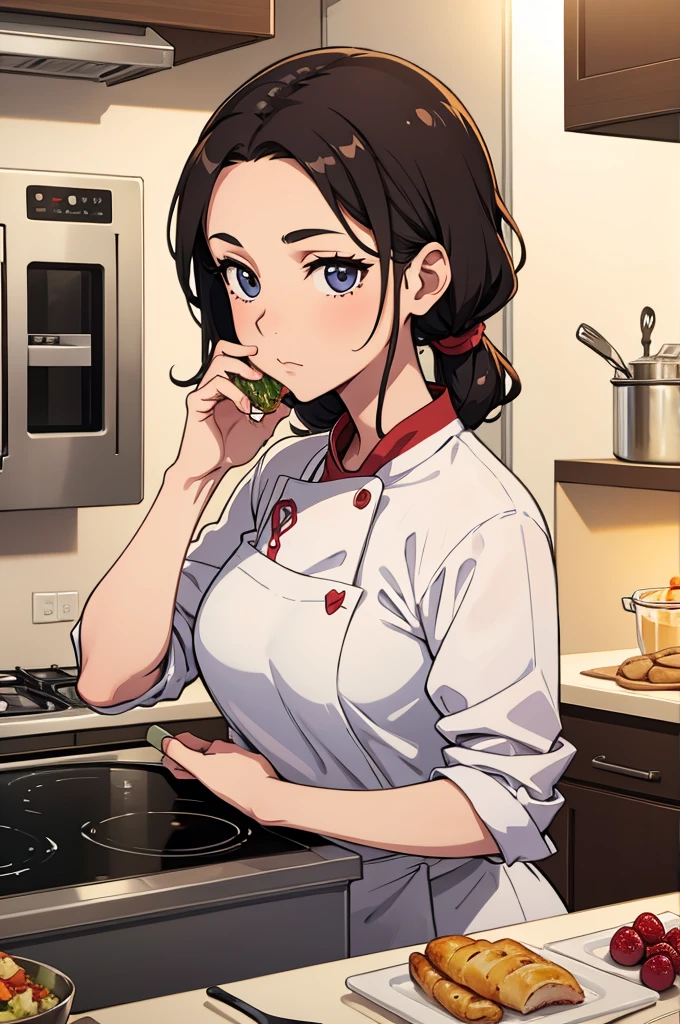 Woman in kitchen, looking at camera while cooking fancy food