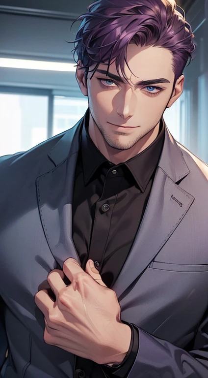 (best quality,4k,8k,highres,masterpiece:1.2),ultra-detailed,(realistic,photorealistic,photo-realistic:1.37),1 man,3,mature man,very handsome,without expression,smile,short purple hair,blue eyes,penetrating gaze,perfect face without errors,imposing posture,businessman,office background,cinematic lighting,hdr image