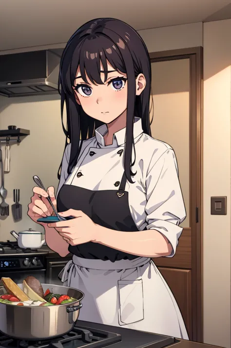 Woman in kitchen, looking at camera while cooking fancy food