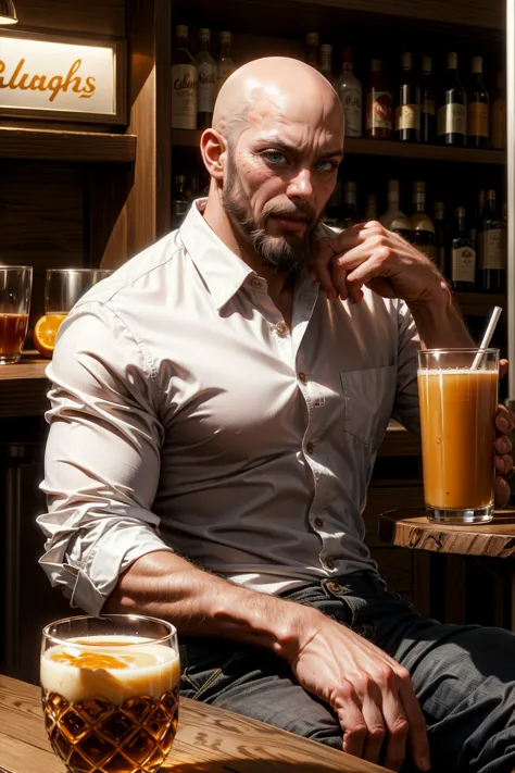 a bald man with a beard in a white shirt sitting at a bar table drinking an orange juice