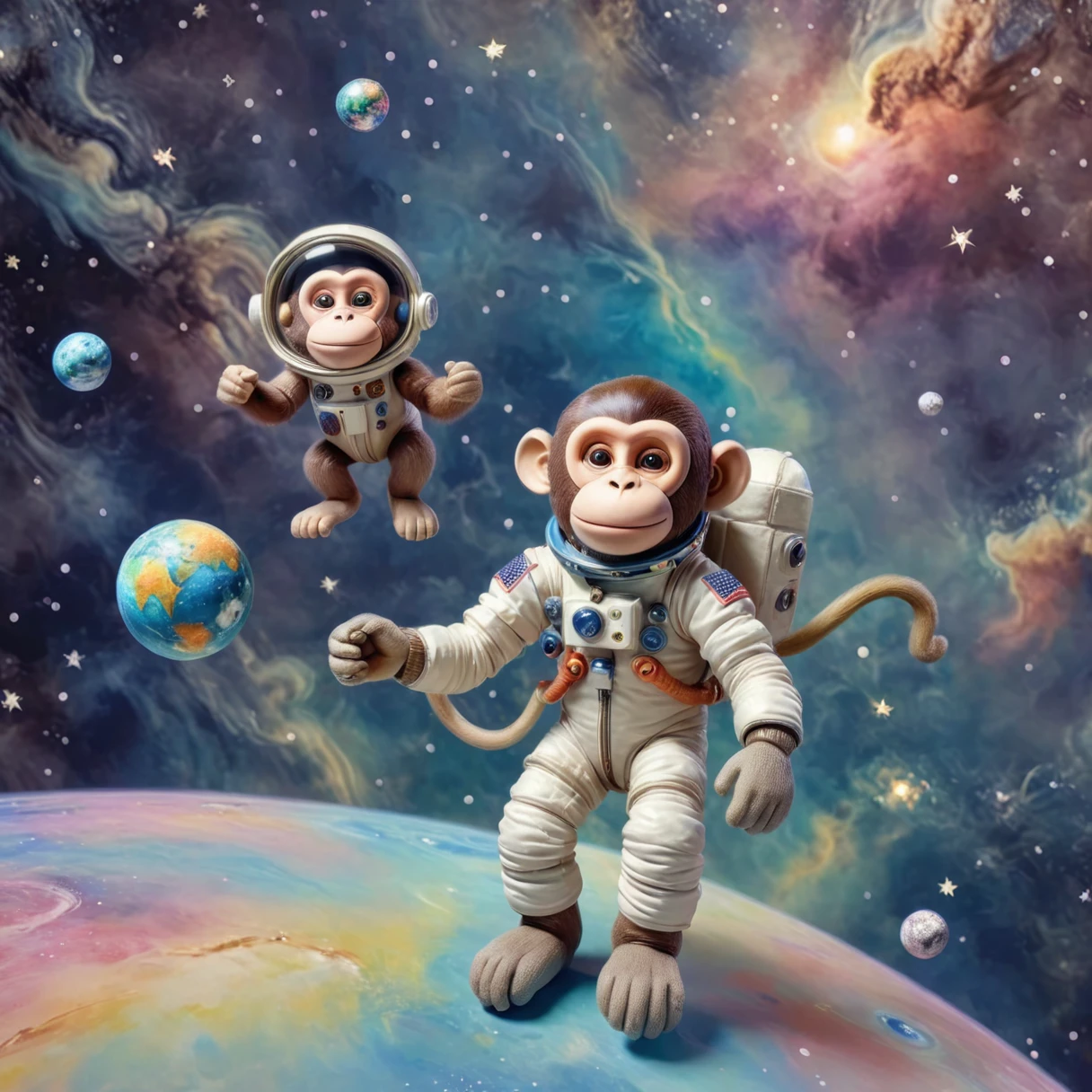 replicate last two images, Anime, Drawing of a monkey astronaut floating in space, in a vintage space suit with a serene expression. The background features a starry sky with colorful nebulas and Earth in the distance. The scene should have a soft, peaceful tone with pastel colors and gentle lighting, evoking tranquility and introspection. Include small twinkling stars, planets, and soft meteors to enhance the relaxing, dreamy atmosphere.