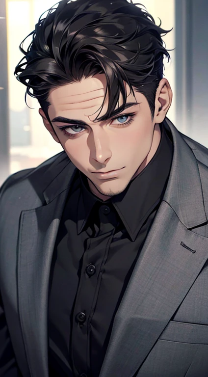 (best quality,4k,8k,highres,masterpiece:1.2),ultra-detailed,(realistic,photorealistic,photo-realistic:1.37),1 man,3,mature man,very handsome,without expression,smile,short grey black hair,blue eyes,penetrating gaze,perfect face without errors,imposing posture,businessman,office background,cinematic lighting,hdr image