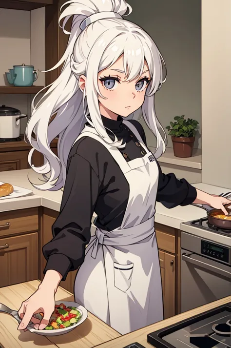 Woman in kitchen, white hair, slightly wavy hair, looking at camera while cooking fancy food