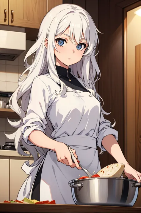 Woman in kitchen, white hair, slightly wavy hair, looking at camera while cooking fancy food