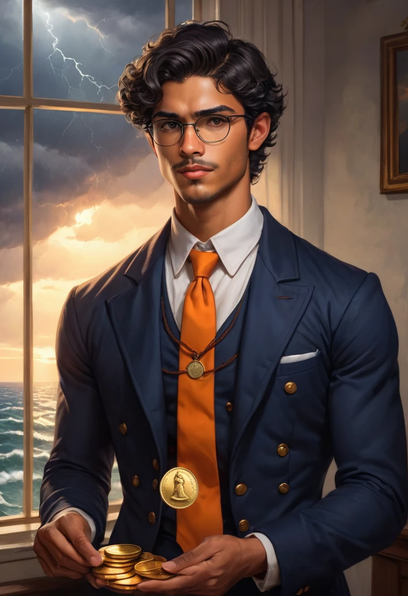 Image painting and photography, 1800's style portrait from side waist up, of a 25-year-old man, latino, short wavy black hair, small black eyes, Roman nose, small mouth thin lips, oval face, wears glasses, slender athletic toned body, tall, realistic soft tan skin, superb and arrogant look, looks straight at the camera, the navy blue jacket dress, Orange tie, white shirt, holds a gold coin, window background to see h storm lighthouse in a stormy day
