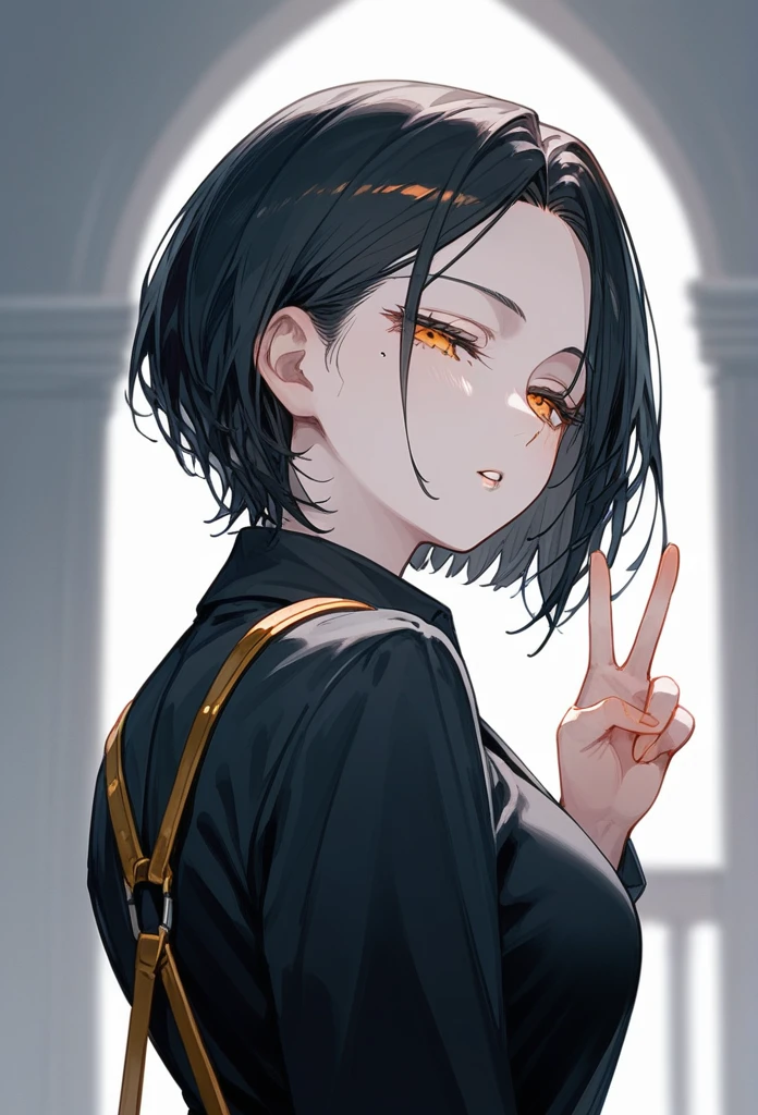 masterpiece, Score_9, Score_8_up, Score_7_up, rear view, 1 woman, alone, dark black hair, very short hair, long parted bangs, gold and orange eyes, half-closed eyes, parted lips, expressionless, pale skin, large breasts, top body,
 Long open bangs, with a mole below the mouth, cut style (boy), No bangs, basic black shirt with V-neckline and straps.