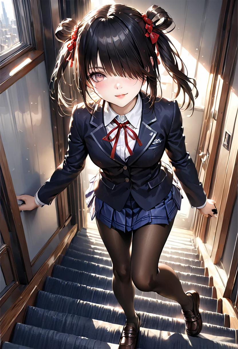 ultra-detailed,highly detailed,best quality,masterpiece,illustration,realistic, photo,photorealistic,
1girl, tokisaki kurumi,cosplay,hair over one eye, looking at viewer, happy girl,low twintails,
, blazer, collared shirt, neck ribbon, pleated skirt, pantyhose, hair rings, loafers,
indoors, walking, stairwell, 
