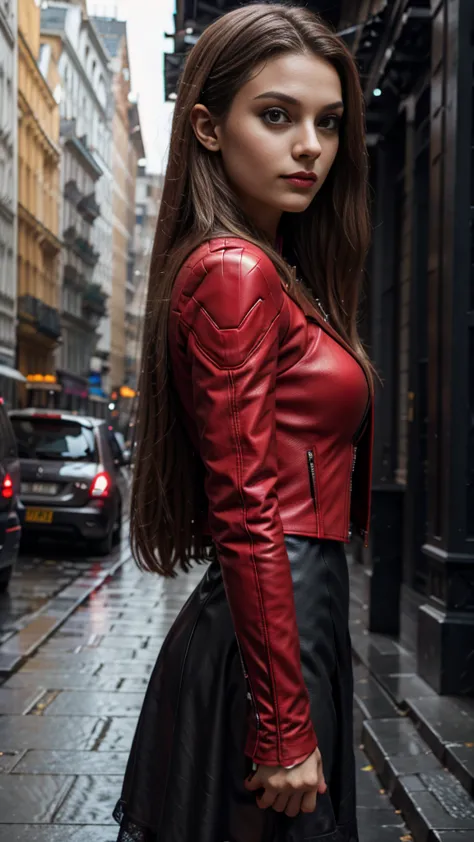 extremely detailed photo of a woman, loraelizabeth, scarlet witch, avengers, wearing a black lace dress, open red leather jacket...