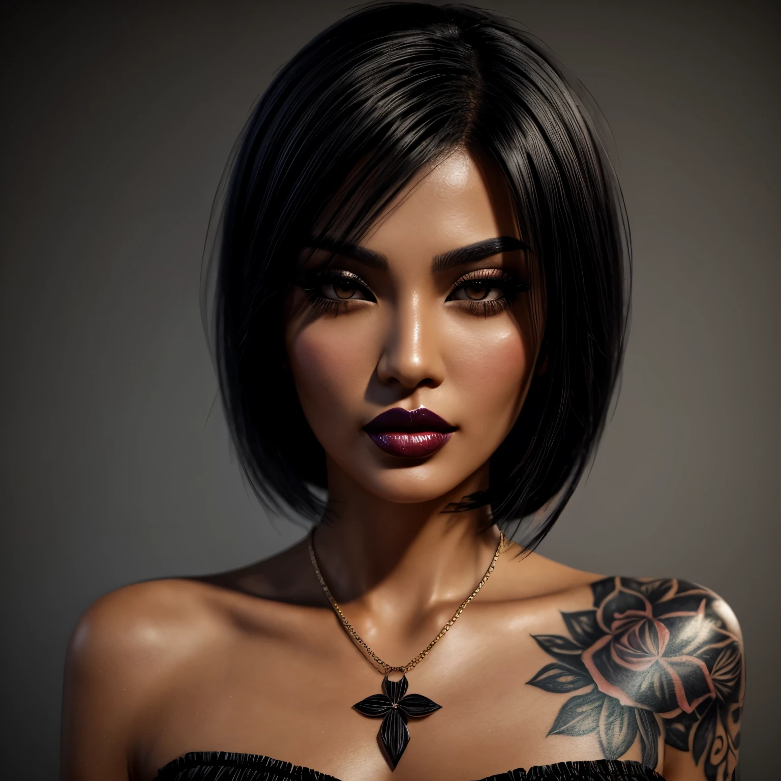 goth skinny sexy woman, short straight black hair, tanned skin kawaii art, animated illustrations, daz3d, exotic realism, tattoo-inspired, vibrant manga, close-up intensity, japanese-inspired, The image captures a fashionable woman engaging in a selfie. She is adorned with a striking necklace, contributing to her stylish appearance. Her body art, visible tattoos, adds a layer of personal expression to her overall look. The woman's makeup is meticulously applied, featuring prominent lipstick, eyeliner, and well-defined eyebrows, enhancing her facial features. Her long, black hair cascades over her shoulders, framing her face beautifully.