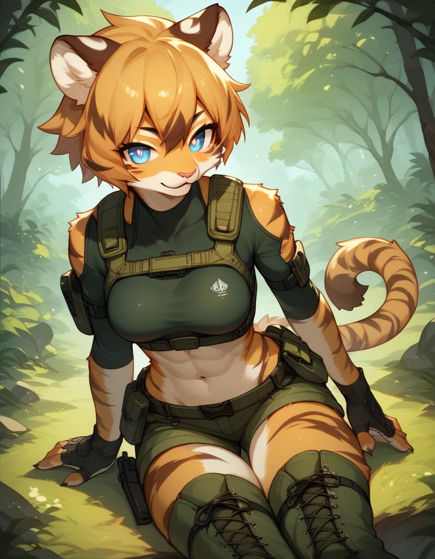 score_9, score_8_up) score_7_up, score_6_up, solo, tiger, kemono, anthro, cute, short hair, blue eyes, white pupils, sexy, orange fur, shorts, tactical harness, croptop, thigh high boots, assassin girl, mesh body suit, tactical gloves, medium breasts, forest background,