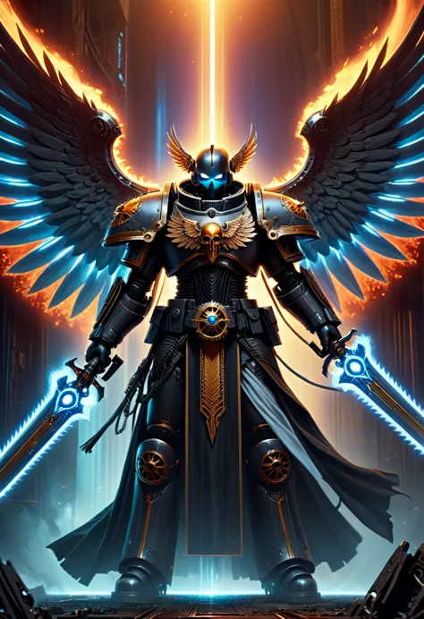 Angel of Death, inspired by cyberpunk Warhammer 40k, grasping a radiant sword, huge wings made of gears and liquid metal, expres...