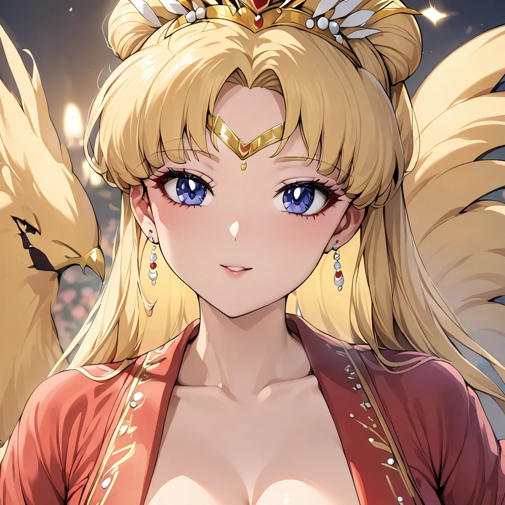 ((mais alta qualidade)), ((obra de arte)), (detalhado), （Rosto Perfeito）、A mulher é a Imperatriz Tsukino Usagi, vestindo um lindo e brilhante Hanfu vermelho, acessórios de joias luxuosos, e uma coroa de Fênix, com seus longos cabelos loiros presos em um coque.