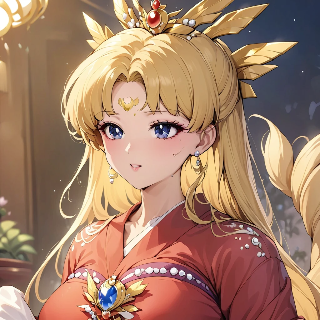 ((mais alta qualidade)), ((obra de arte)), (detalhado), （Rosto Perfeito）、A mulher é a Imperatriz Tsukino Usagi, vestindo um lindo e brilhante Hanfu vermelho, acessórios de joias luxuosos, e uma coroa de Fênix, com seus longos cabelos loiros presos em um coque.