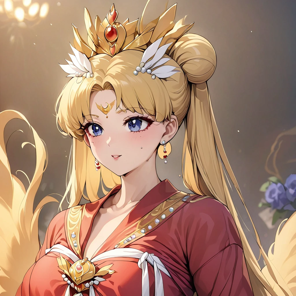 ((mais alta qualidade)), ((obra de arte)), (detalhado), （Rosto Perfeito）、A mulher é a Imperatriz Tsukino Usagi, vestindo um lindo e brilhante Hanfu vermelho, acessórios de joias luxuosos, e uma coroa de Fênix, com seus longos cabelos loiros presos em um coque.