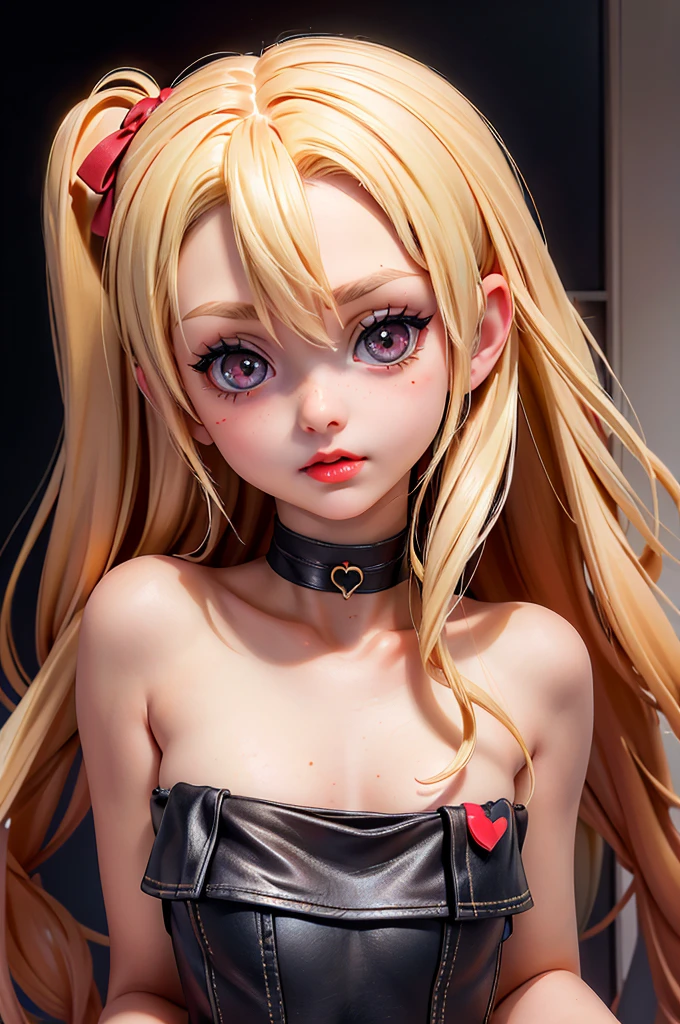 hyperrealistic 14 year American demon teen, blonde, perfect tiny body, sexy, dark makeup, small choker, perfect slim face, big red lips, very cute face, tiny body, big eyes, young looking, soles