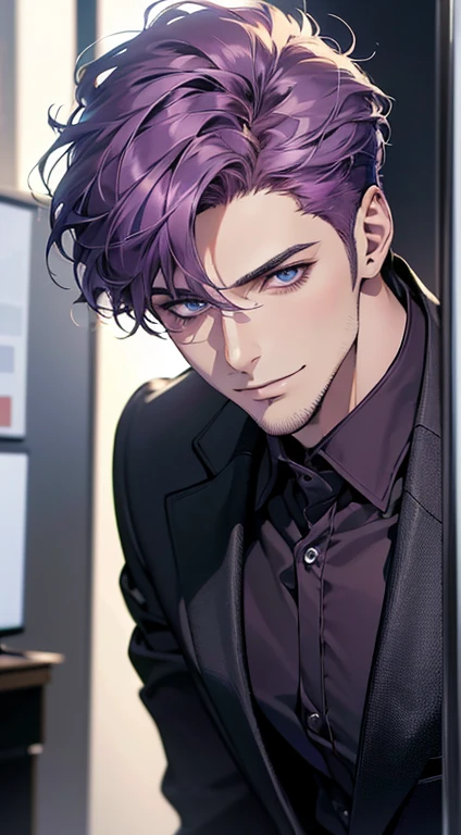 (best quality,4k,8k,highres,masterpiece:1.2),ultra-detailed,(realistic,photorealistic,photo-realistic:1.37),1 man,31 years old,mature man,very handsome,without expression,smile,short purple hair,blue eyes,penetrating gaze,perfect face without errors,imposing posture,businessman,office background,cinematic lighting,hdr image