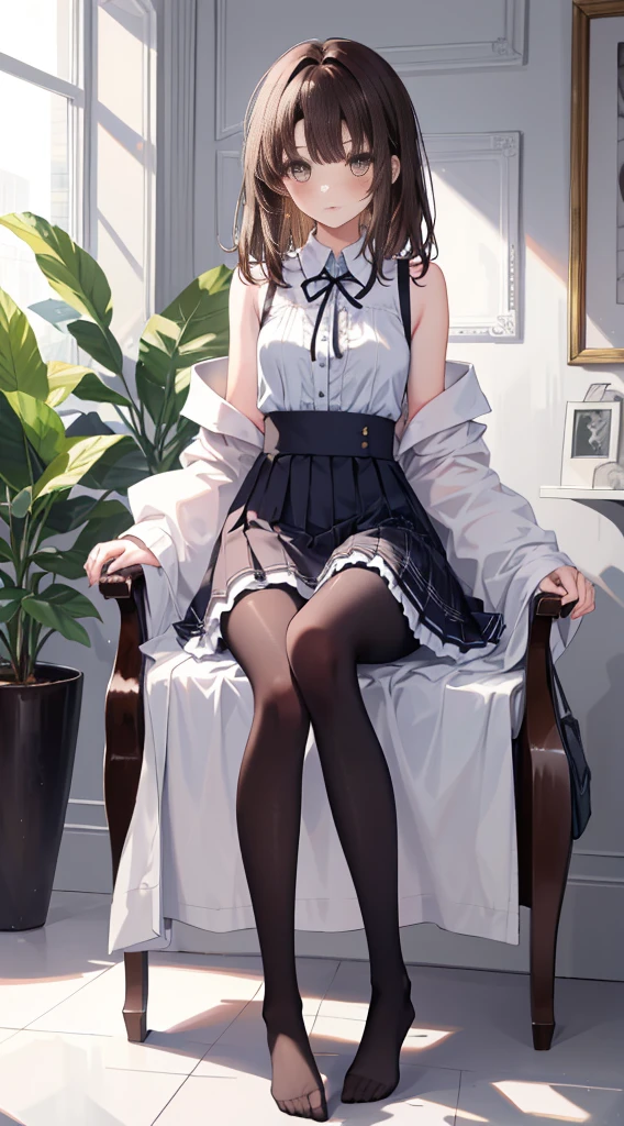 Top quality, masterpiece, high resolution, (from head to foot full body), front, frontやや下からの構図, symmetry, 18-year-old girl is tall, Solitary, (from head to foot), (Small Breasts), Messy Brown Hair, Bangs, (Black tights), (Black pantyhose), (sit down), (Crouching position), (Composition showing white panties), (她的Legs open、White is clearly visible.), (Sitting on the floor，Legs open), (M-shaped feet), Thin legs, A very pretty and tall 18 year old girl, (No shoes), blush, Shy big eyes, Looking at the camera, suit, Plaid pleated skirt