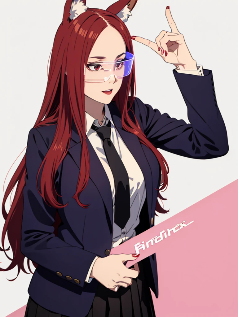 1girl ,solo,20s,mature female,red hair,long hair,fox ears,(white background, line drawing),shirt,black standard tie,blue blazer,long sleeves, black pleated skirt,cyber_glasses