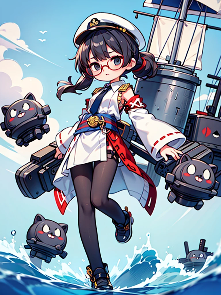 (((masterpiece, Vision))), ((((Full body of a woman with perfect flat chest、solo、Short unkempt black hair、Tie your messy hair at the nape of your neck、white military jacket、Miko costume、tights、Black glasses、White military cap、Cloudy black eyes、Confused eyes、Junyo-inspired emblem)))), (((Shipgirl))), ((Floating on the morning sea with both feet)), (Spread your legs wide open), (Hold the turret grip with your right hand), (Mechanical arms extending from the waist are used to equip the ship with battleship equipment.), (Equipped with a turret on the back), (Left arm holds the triple turret grip), Shotgun belt on thigh, Spreading the Machine&#39;s Wings, Machine tail, Mechanical arm lifts the turret,  