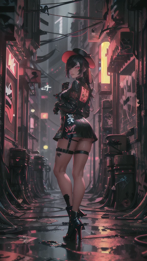 masterpiece, best quality, 1lady, solo, black hanting hat, black shirt, black mini skirt,black boots,    (graffiti:1.5), arms behind back, looking at viewer, thigh strap, paint on face, head tilt, bored, red and multicolored hair, red eyes, white stars in eyes, evil grin, (an artistic photograph of a cyberpunk prostitute),full body shot, centered, contrast beautifully with the sleek, futuristic design of the mech. The background features a wide-angle lens, emphasizing the dynamic nature of the scene. wide aperture, HDR, telephoto lens,midnight,alley, street light, night sky.