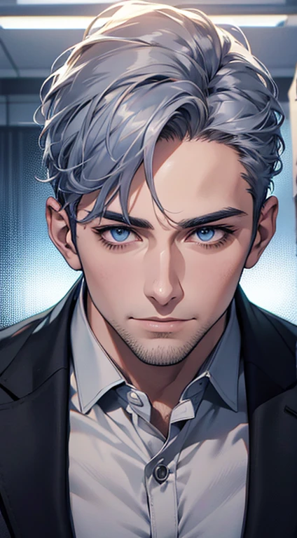 (best quality,4k,8k,highres,masterpiece:1.2),ultra-detailed,(realistic,photorealistic,photo-realistic:1.37),1 man,31 years old,mature man,very handsome,without expression,smile,short grey blue hair,blue eyes,penetrating gaze,perfect face without errors,imposing posture,businessman,office background,cinematic lighting,hdr image