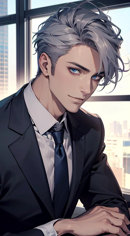 (best quality,4k,8k,highres,masterpiece:1.2),ultra-detailed,(realistic,photorealistic,photo-realistic:1.37),1 man,31 years old,mature man,very handsome,without expression,smile,short grey blue hair,blue eyes,penetrating gaze,perfect face without errors,imposing posture,businessman,office background,cinematic lighting,hdr image