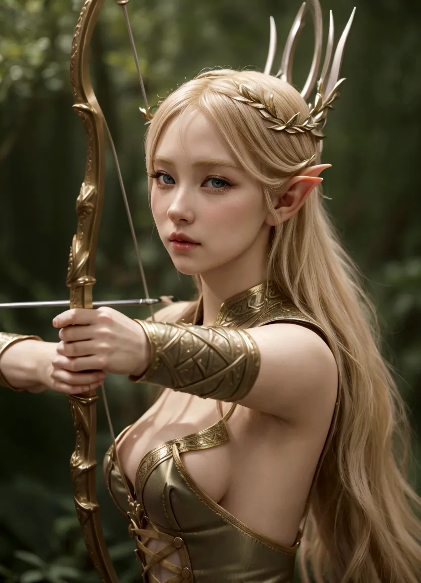 blond woman in corset with bow and arrow in hand, elven warrior princess, blonde elvish empress, very beautiful elven top model,...