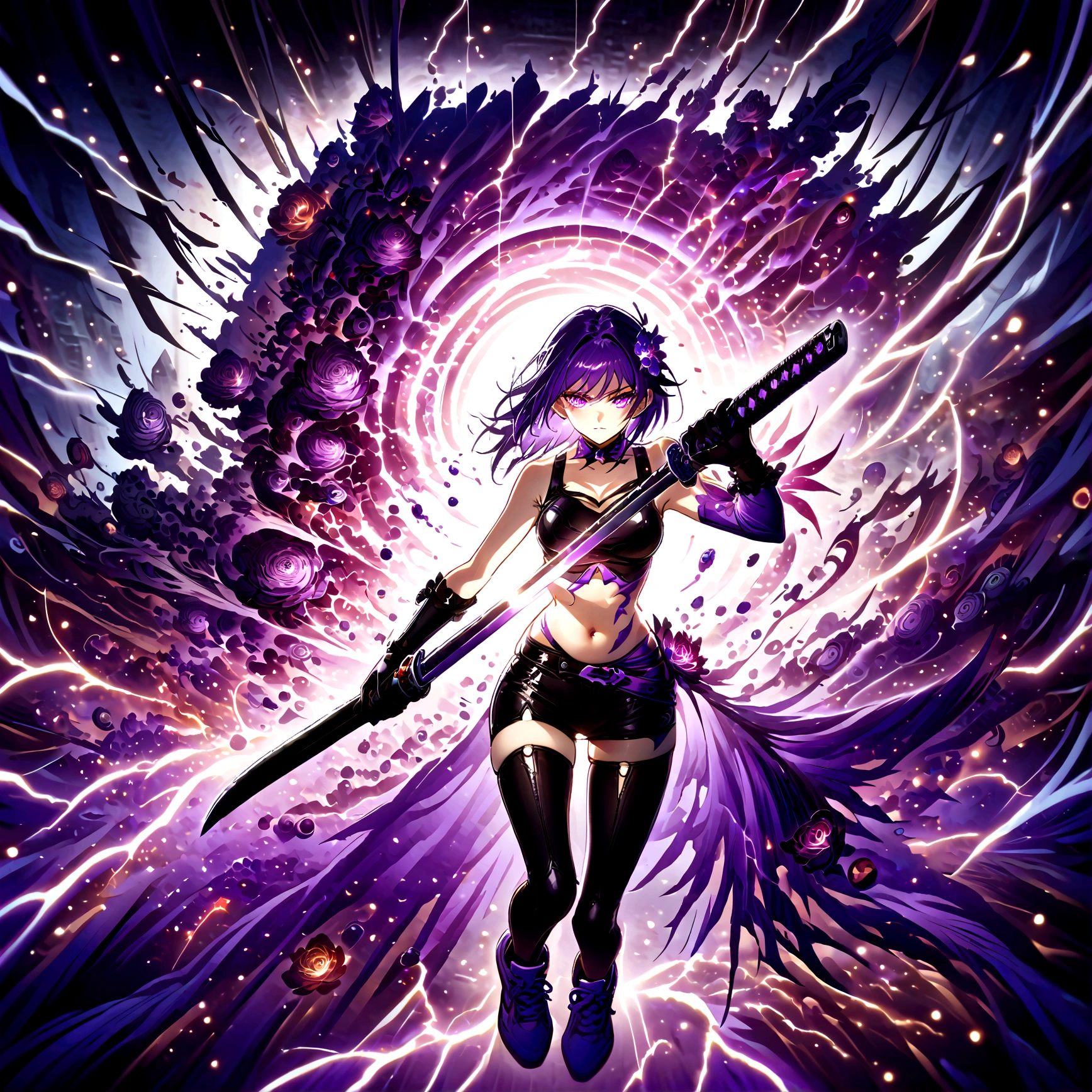 Anime girl with very long dark purple hair and a flower hair accessory wearing black short jeans with latex socks and a sport shoes wearing a cut shirt with no sleeves and half cut from below showing her belly with a black vest with short latex gloves purple glowing eyes holding a very long katana and in her other hand a very tall scabbard as she's surrendered with purple aura while giving a calm look on her face background city at night in Jujutsu Kaisen style while approaching a weird creature 