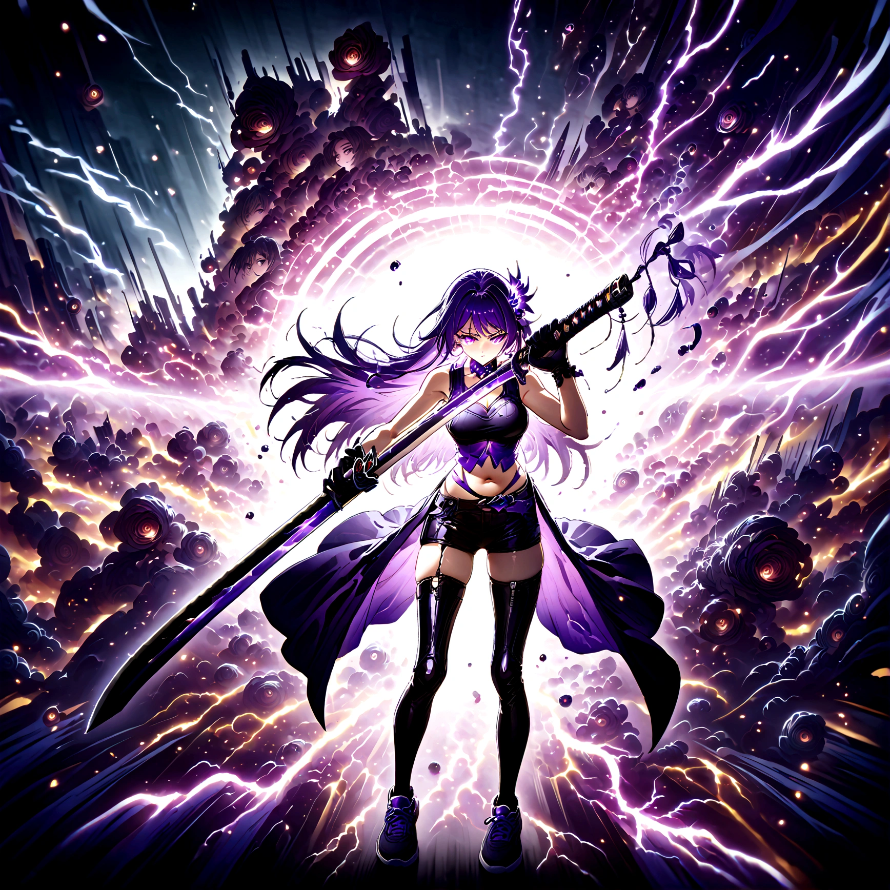 Anime girl with very long dark purple hair and a flower hair accessory wearing black short jeans with latex socks and a sport shoes wearing a cut shirt with no sleeves and half cut from below showing her belly with a black vest with short latex gloves purple glowing eyes holding a very long katana and in her other hand a very tall scabbard as she's surrendered with purple aura while giving a calm look on her face background city at night in Jujutsu Kaisen style while approaching a weird creature 