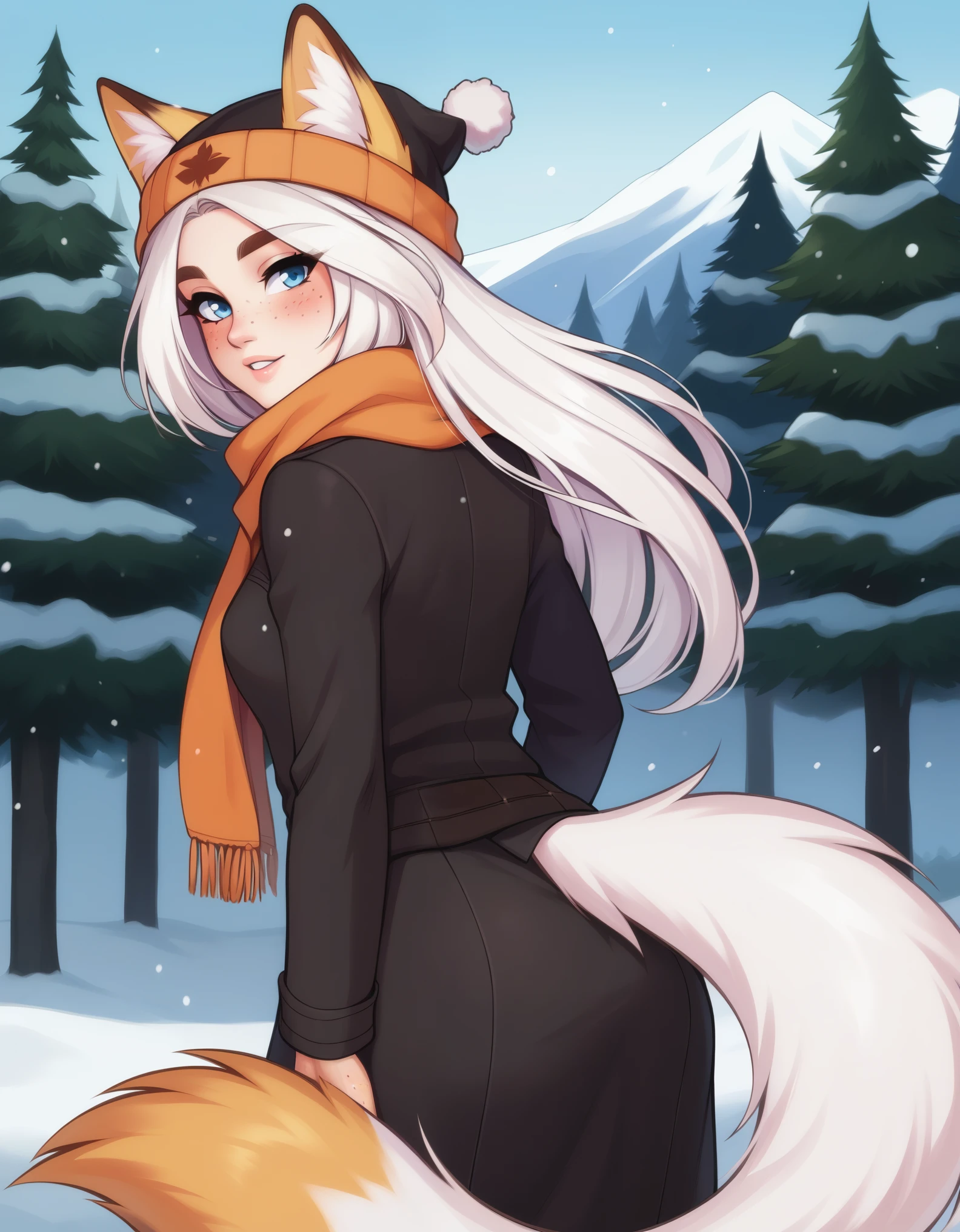 score_9, uncensored, source_anime
BREAK
losse, 1girl, animal ears, blue eyes, blush, body freckles, dress, ears through headwear, fox ears, fox tail, freckles, from behind, hat, long hair, long sleeves, looking at viewer, looking back, orange scarf, outdoors, parted lips, scarf, snow, snowing, solo, standing, tail, thick eyebrows, tree, white hair, yellow eyes 
