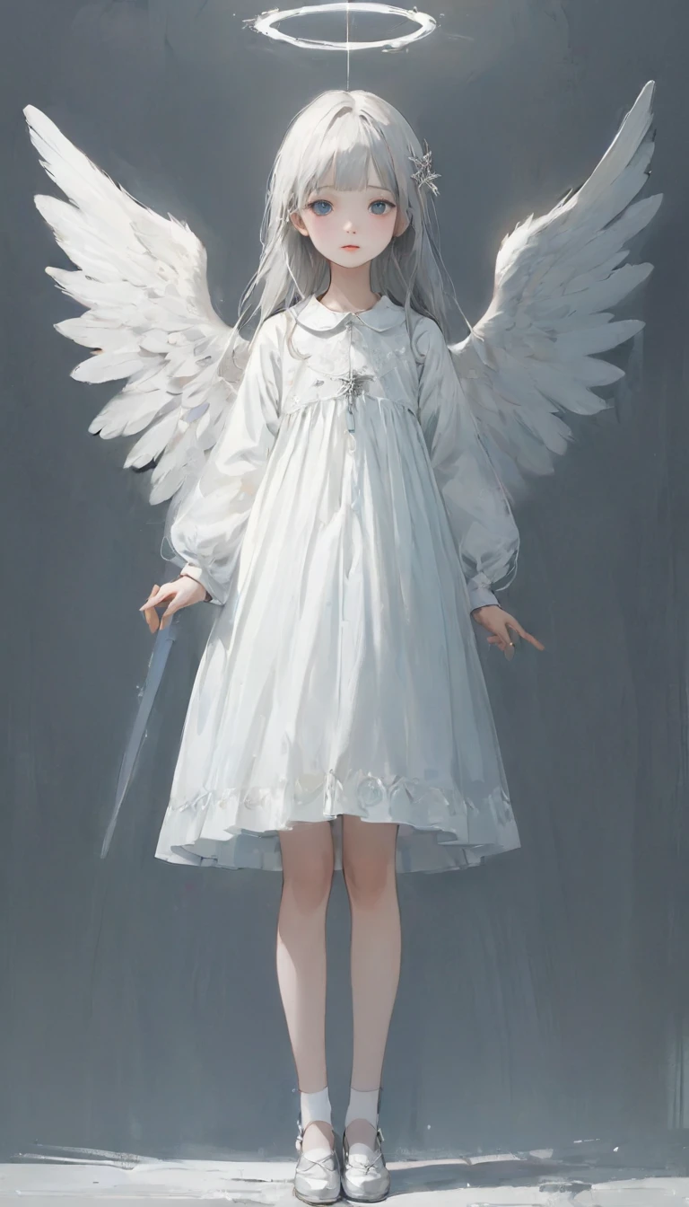 (masterpiece), (High resolution), (Very delicate), (masterpiece: 1.2, Highest quality),Perfect Anatomy、silver, An angel standing in a pure white world、The Girl Who Leads to Heaven、Cute face、Expressionless、 scribble, Doll-like face, Manga Style, rough sketch, Manga Styleイラスト, Japanese painting, whole body,(snap shot), Flat Illustration, Creepy Appearance, Unique atmosphere、