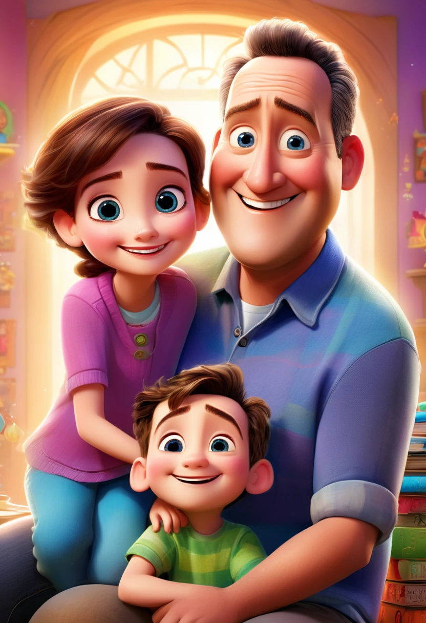 (Wide range:1.2),(Bright and vibrant colors), (high resolution), (realistic:1.37), Disney Pixar movie poster, (Art by Kevin James), thin, No muscles, (55-year-old man and his son),Father and Son, (beautiful detailed eyes:1.1), (beautiful and delicate lips:1.1), Smile with a warm expression, (attractive appearance:1.1), (professional lighting), (Ultra-thin rendering), Upper body shot, (Expressive facial features:1.1), read a book to my son, (read carefully:1.1), Surrounded by magical elements representing various Pixar films., (Dynamic configuration), (whimsical details), (playful character), vibrant background, full of color and joy, (3D rendering), (fantastic art style), (nostalgic aesthetics), (Pay attention to detail:1.1).
