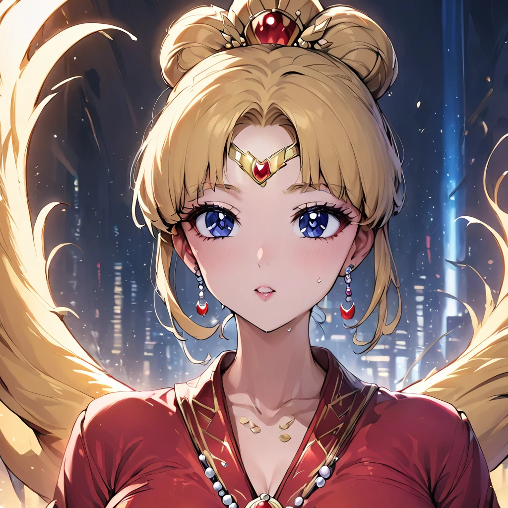 ((la plus haute qualité)), ((chef-d&#39;œuvre)), (détaillé), （visage parfait）、La femme est l&#39;impératrice Tsukino Usagi, portant un Hanfu rouge magnifique et scintillant, accessoires de bijoux luxueux, et une couronne de Phénix, avec ses longs cheveux blonds attachés en chignon.