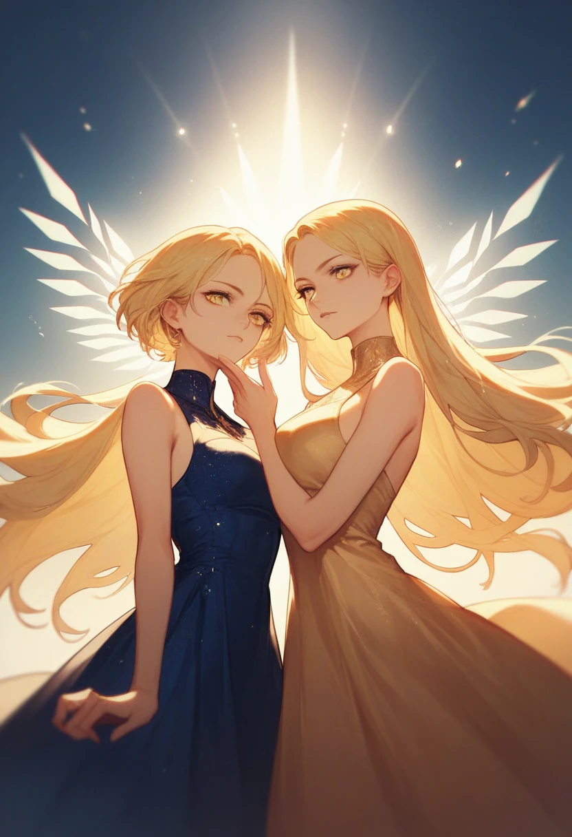 girl, Flowing golden blonde hair, Yellow Eyes, Golden Imperial Costume, Neckline, anime, In the background is a clear sky with sparkling lights, Dynamic Angle, Arrogant Laugh,daughter,dress,Put your hand on your cheek