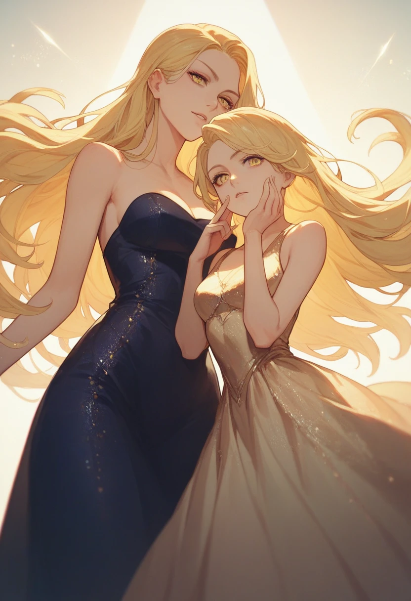 girl, Flowing golden blonde hair, Yellow Eyes, Golden Imperial Costume, Neckline, anime, In the background is a clear sky with sparkling lights, Dynamic Angle, Arrogant Laugh,daughter,dress,Put your hand on your cheek