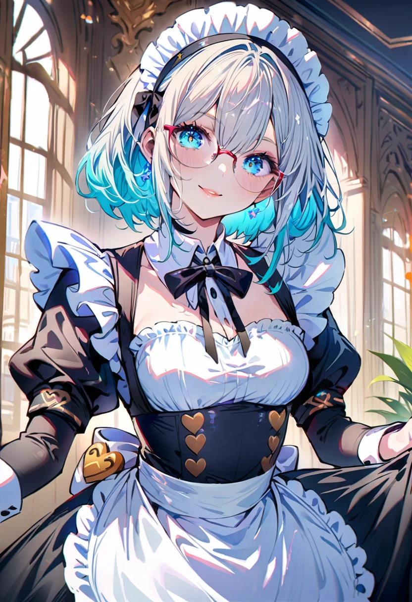 (Maid:1.5),(best quality,Extremely detailed,high resolution:1.2),beautiful girl,Exquisite makeup and perfect face, Long eyelashes, Detailed eyes and lips, A bright smile,Shiny Hair,(The cutest girl in the world:1.5),Exquisite makeup,Glasses