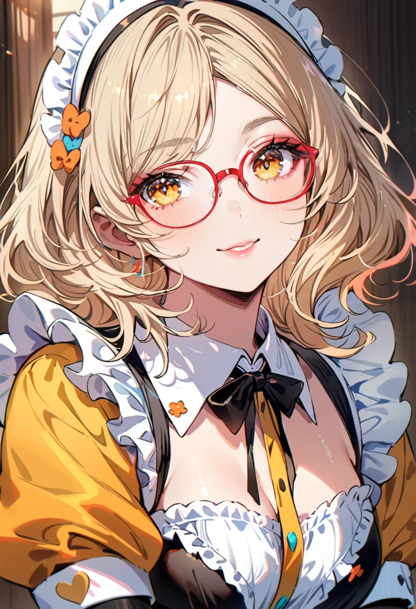 (Maid:1.5),(best quality,Extremely detailed,high resolution:1.2),beautiful girl,Exquisite makeup and perfect face, Long eyelashes, Detailed eyes and lips, A bright smile,Shiny Hair,(The cutest girl in the world:1.5),Exquisite makeup,Glasses