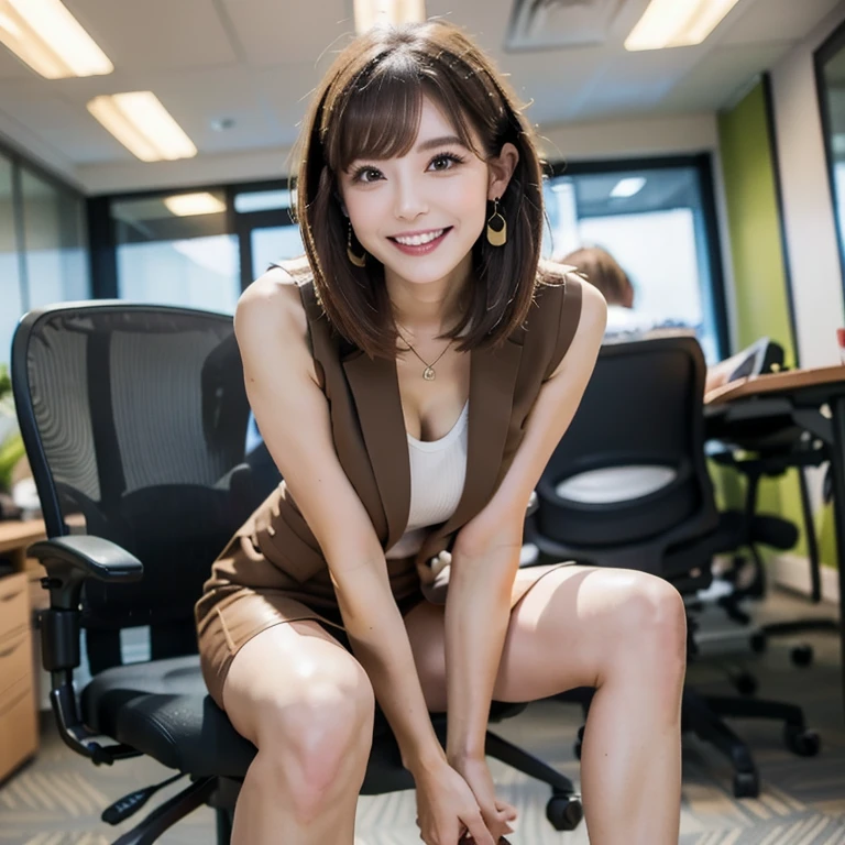 ((SFW))、(((Shooting from below)))、Highest quality, Highest quality、RAW、4K、((Sitting on a chair))、(((Leaning forward)))、(((Spread your legs)))、High resolution、smile、Perfect Face, Japanese、28 years old、female、short hair、Bob Hair、Brown Hair、Earrings、necklace、Perfect Anatomy、Anatomically correct body、((Wearing a suit))、((mini skirt))、knees、((Inside the office room))、((Spread your legsSitting on a chairいる))、((Hands on thighs))、Touching thighs、A computer is visible in the background、Photographed from the front、Room lighting、((Watching the audience))、