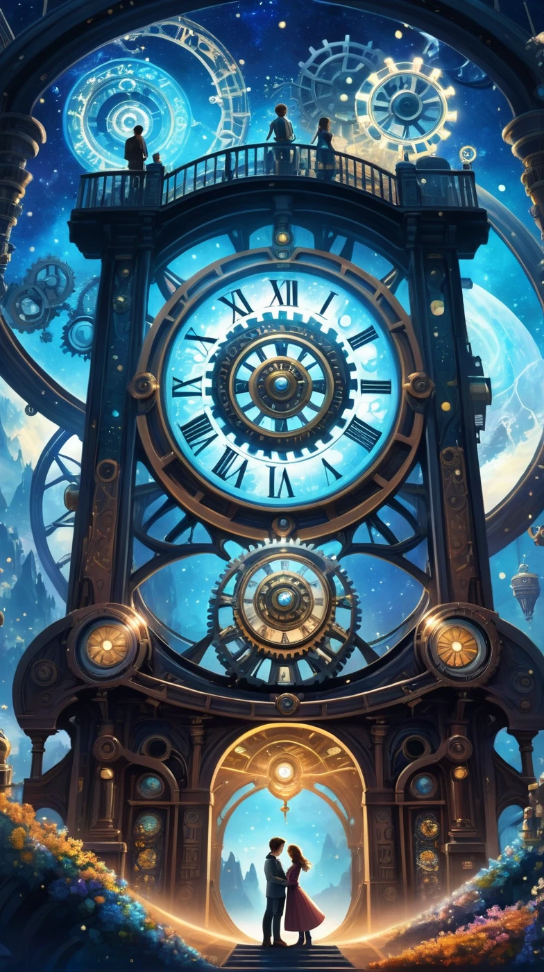 In an otherworldly landscape, lovers, decorated with constellations, surrounded by gears and gears, spend a moment under a colossal time machine in the shape of a cosmic pendulum.