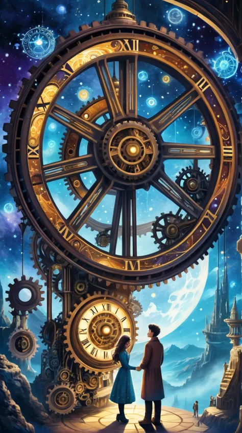In an otherworldly landscape, lovers, decorated with constellations, surrounded by gears and gears, spend a moment under a colos...