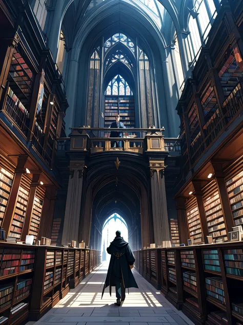 There is a photo of a man walking through a bookstore., Gothic Epic Library concept, Gothic Epic Library, Gothic Library, A libr...