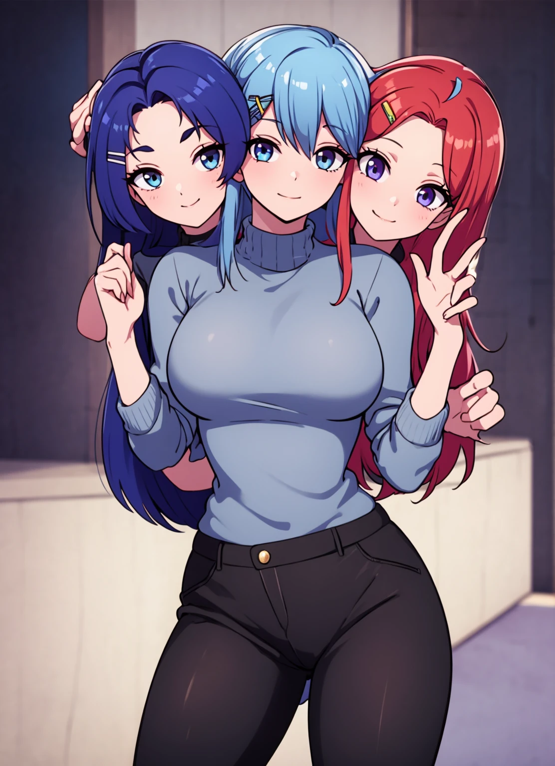 (masterpiece, best quality), best resolution, (3heads:1.5), 1girl,(vivid sky blue hair), (red orange hair), (violet purple hair), same eye color as the hair, smiling, giggling, friendly, inviting, ((very shy expression)), mature look, (dark gray turtleneck sweater), black long pants, vibrant colors, long hair, (hair clip), ((sharp looking eyes))