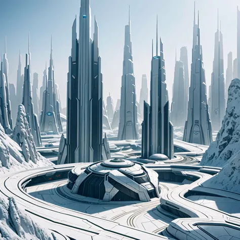 a landscape of the planet requiem featuring white metallic architecture from the forerunner universe of halo 4. the scene shows ...