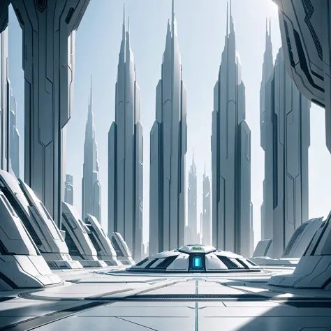 a landscape of the planet requiem featuring white metallic architecture from the forerunner universe of halo 4. the scene shows ...