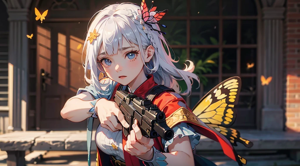 Octane Render、(Hyper-detailing: 1.15)、cinematic lightening、Cute Fantasy Princess、Handgun shooting practice、Fine Pattern Pistol,long boots、ultradetailed eyes、Full Paint、（Floral hair ornament、butterfly hair ornament）、masutepiece、Anatomically correct、blur、depth of fields