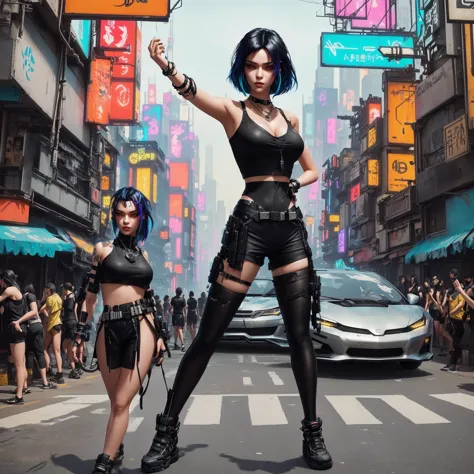 arafed image of a woman in a black top and shorts standing in a crowded street, cyberpunk vibe, cyberpunk vibes, cyberpunk art s...