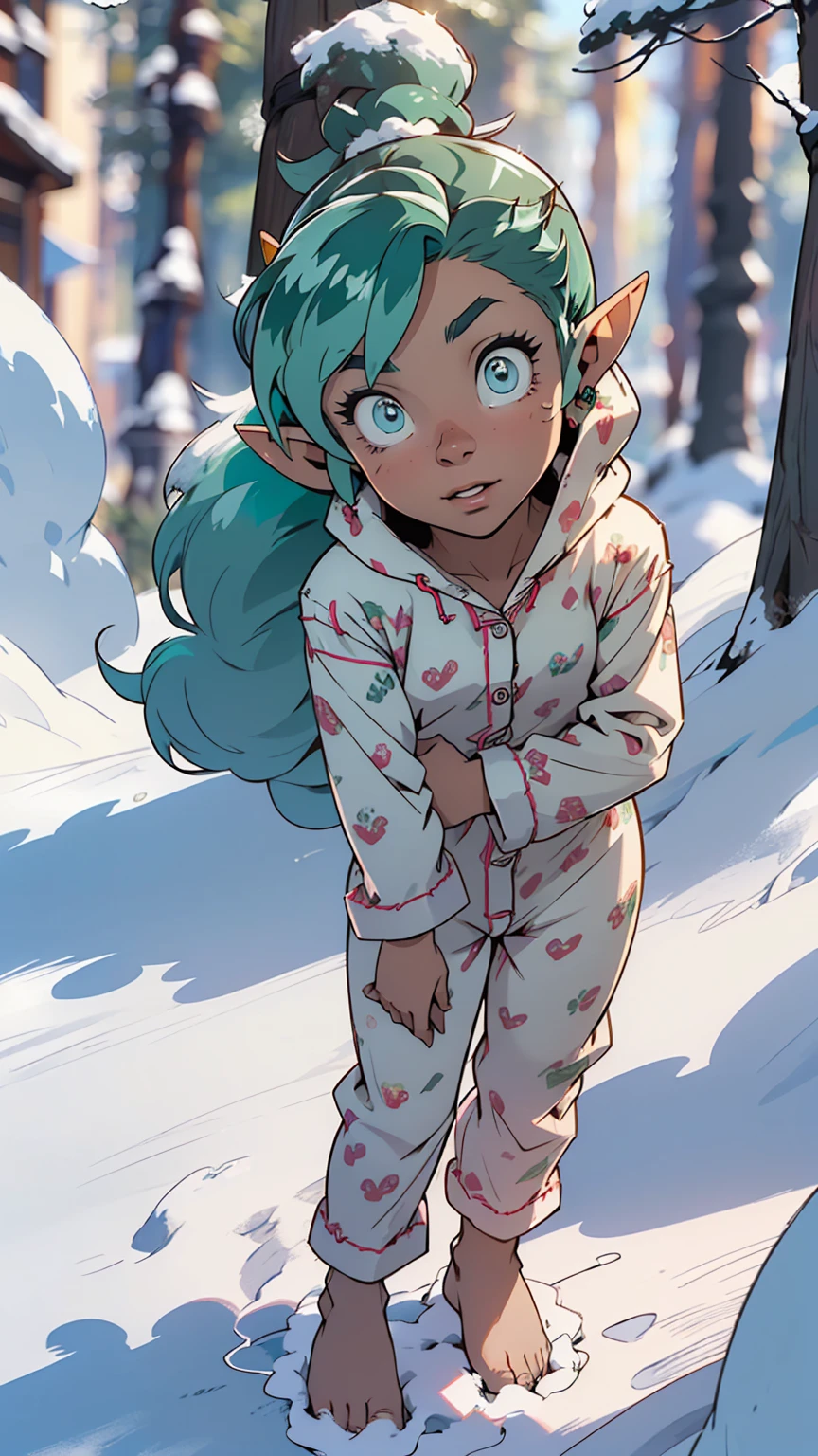 cute lum,(((little ,tiny little body,little))),(((6 years old))),((anime elf with extremely cute and beautiful green hair)), (((green hair:1.35,messy aqua hair,colored inner hair,ear breathing)))),(((blue_eyes:1.3))),intricate eyes,beautiful detailed eyes,symmetrical eyes,big eyes:1.5,(((lustrous skin:1.5,bright skin: 1.5,skin tanned,shiny skin,very shiny skin,shiny body,plastic glitter skin,exaggerated shiny skin,illuminated skin))),(detailed body,(detailed face)), cute,slutty,erotic,daring,((nsfw)), (((kigurumi, onesies,bunny pajama,Hooded Pajamas,Animal Pajamas))),((slippers)),(((intricate pajama,embroidered pajama,ornate pajama))), (dynamic pose:1.0),(happy),(centered,scale to fit dimensions,Rule of thirds), ((snowy pine forest)),winter,scenery:1.25,((intricate scenery)),((snow forest background)),Christmas tree, (Glossy winter ornaments),highres,sharp focus,(ultra detailed,extremely detailed),(photorealistic artwork:1.37),(extremely detailed CG unity 8k wallpaper),(((vibrant colors,vibrant theme))),(intricate),(masterpiece),(best quality),